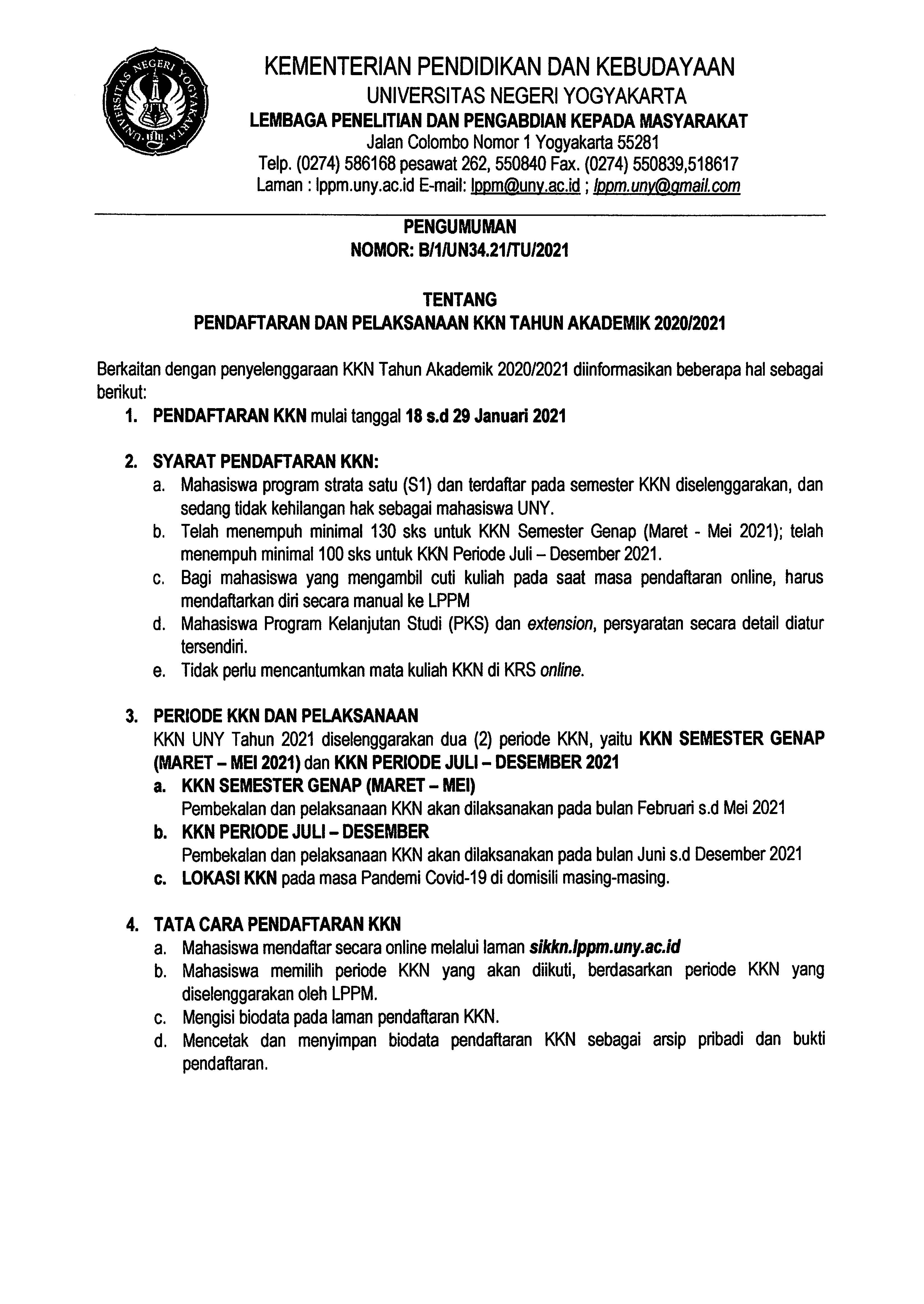 PENGUMUMAN B/1/UN34.21/TU/2021 TENTANG PENDAFTARAN DAN PELAKSANAAN KKN ...